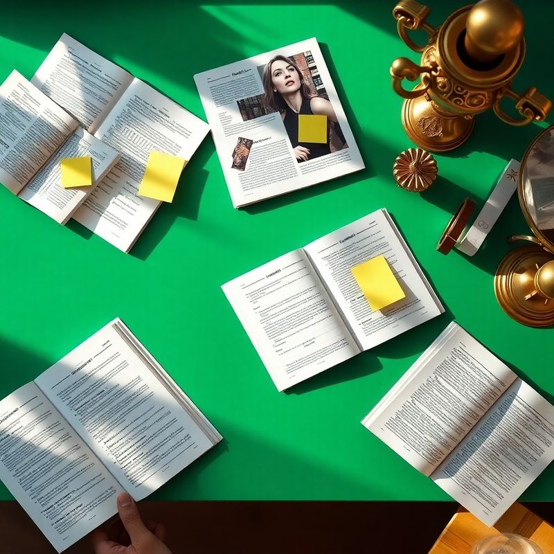 Otevřené časopisy a poznámky na smaragdovém stole