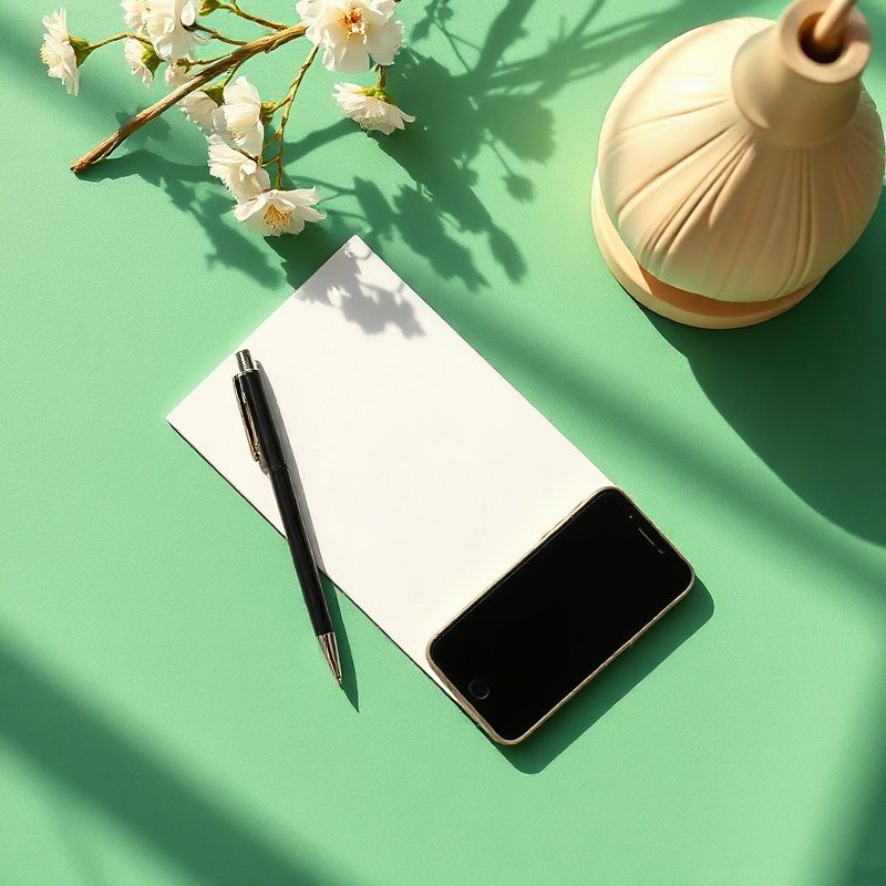 Pero, notes a telefon na smaragdově zeleném povrchu